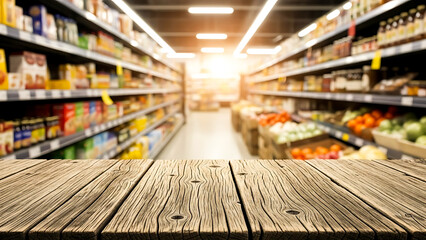 Fototapeta premium Empty wooden table in front of blurred supermarket aisle with bright lighting