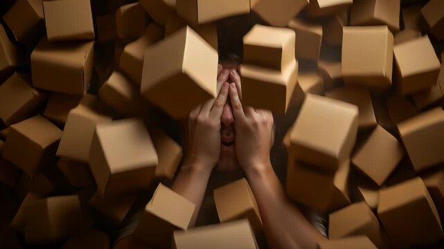 Pile of cardboard parcels falling on a shocked person lying on the floor. E-commerce overload and mental health strain. Top view video with tilting.