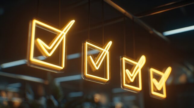 Glowing Checkmarks Symbolizing Project Success in Digital Hologram Style