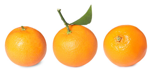 Fresh tangerines isolated on white, set. Citrus fruit
