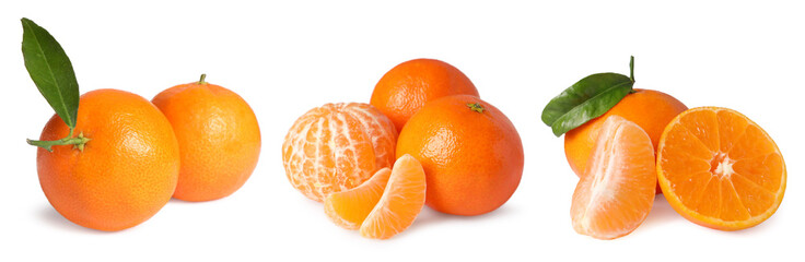 Fresh tangerines isolated on white, set. Citrus fruit