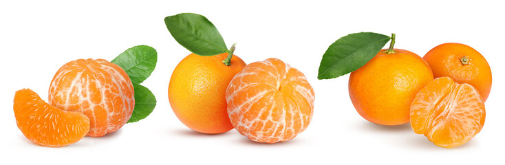 Fresh tangerines isolated on white, set. Citrus fruit