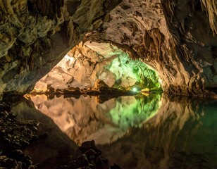 Cave's mirrored pool reveals a textured ceiling lit up by warm, cool hues reflected beautifully in still water