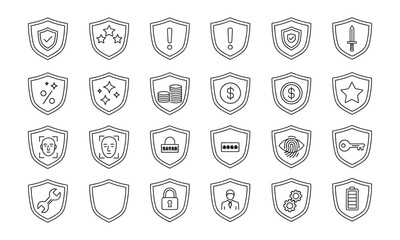 Fototapeta premium Minimalist security shield icon set in monochrome line-art style on light gray background depicting protection, safety, and digital security