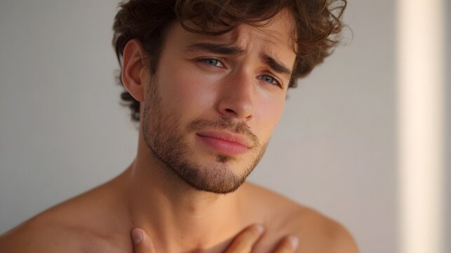 Close up portrait of a young man with curly hair and a pained anxious expression his hand resting on his chest in warm soft light