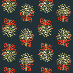 Watercolor digital illustration omela mistletoe pattern  on dark background