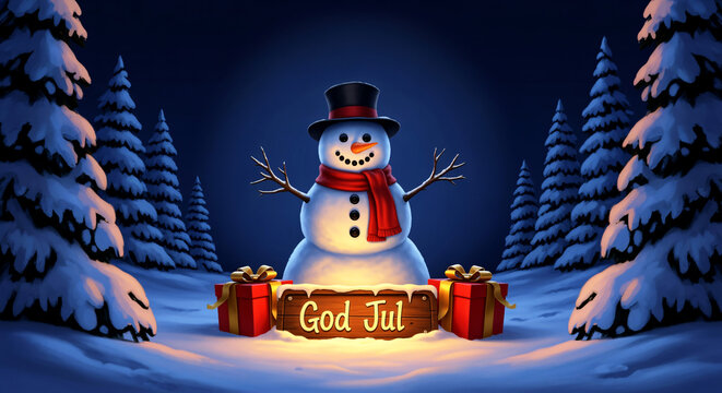 Festive Snowman with 'God Jul' Sign in Winter Wonderland