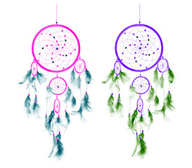 Dream catchers with feathers isolated on white, collage