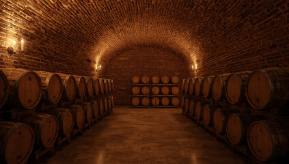 Atmospheric wine cellar featuring numerous traditional wooden barrels arranged in long rows