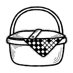 Cartoon picnic basket with checkered cloth and curved handle design