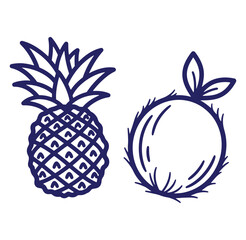 Obraz premium Vector illustration of a pineapple and coconut fruit design in a dark blue simple style