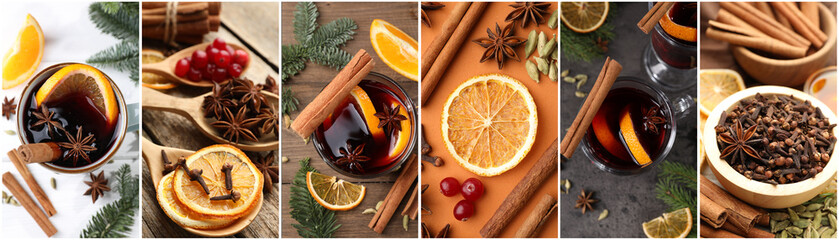 Merry Christmas and Happy New Year. Collage with mulled wine and spices