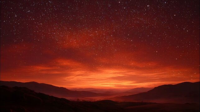 A majestic view of a starlit red sky over misty mountain ranges during twilight