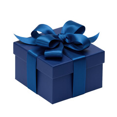 ultra-sharp studio photograph of a deep matte sapphire blue luxury gift box with a high-sheen cerulean satin butterfly bow, isolated on white background. concept for exclusive gift presentation