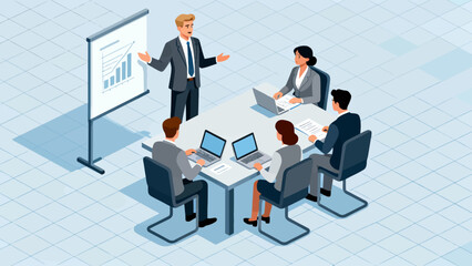 This isometric illustration shows a business professional presenting data to a group of colleagues taking notes in a conference room, capturing a corporate meeting focused on strategy and analysis.