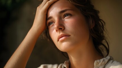 Fototapeta premium Young woman with hand on forehead in soft sunlight looking thoughtful