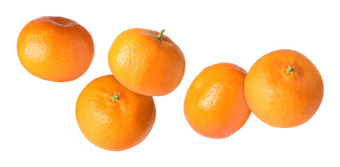 Fresh tangerines falling on white background. Citrus fruit