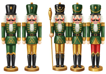 six vintage watercolor wooden nutcracker toy soldiers in formal green and gold attire, aligned against transparent; delicate fine art winter celebration concept
