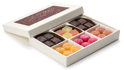 Elegant assortment of colorful candies and chocolates in a decorative gift box