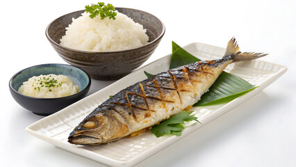 Deliciously grilled mackerel served with fluffy white rice and grated daikon radish