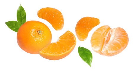 Fresh tangerines and green leaves falling on white background. Citrus fruit