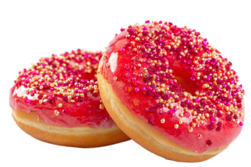 Two delicious donuts with red glaze isolated on transparent background