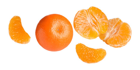 Fresh tangerines falling on white background. Citrus fruit