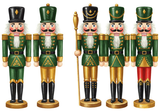six vintage watercolor wooden nutcracker toy soldiers in formal green and gold attire, aligned against transparent; delicate fine art winter celebration concept