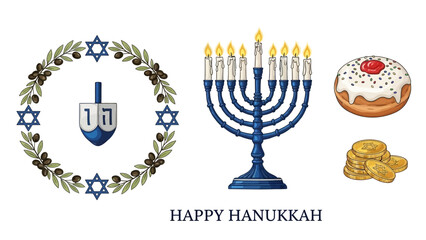 Traditional Hanukkah vector elements with olive wreath, Menorah, and dreidel for Jewish holiday design