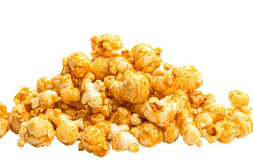 Pile of caramel popcorn isolated on transparent background, close up view