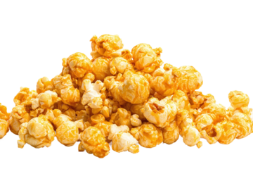 Pile of caramel popcorn isolated on transparent background, close up view