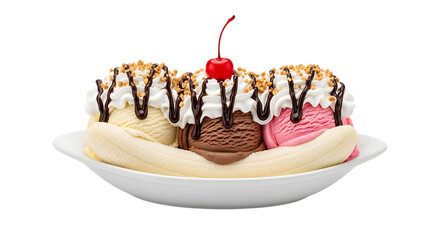 Triple Scoop Banana Split in Glass Dish on White Background