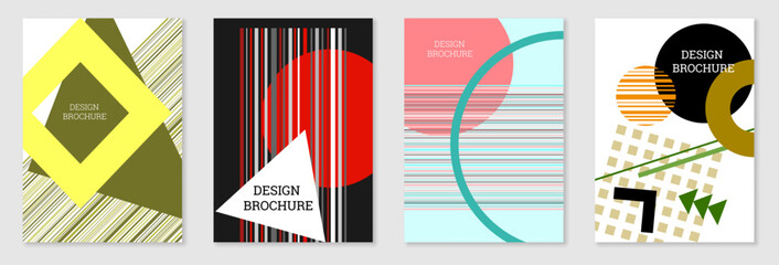 Bright background in Memphis style. Set of 4 geometric cover designs. Fashionable bright cover, banner, poster, booklet. 