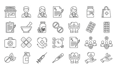 Minimalist pharmacy and healthcare icon set in black line-art style on white background featuring medication, prescription, and medical symbols