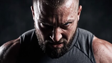 Intense man gritting teeth powerful muscles determination focus