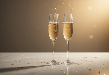 Minimalist new year banner with two crystal champagne flutes and golden sparkles