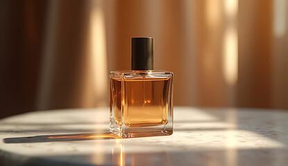 Elegant amber colored perfume bottle with a sleek applicator rests on a textured surface bathed in soft golden light