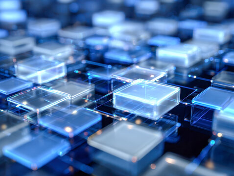 Futuristic technology concept with glowing transparent cubes interconnected by blue light beams representing data networks and digital innovation design