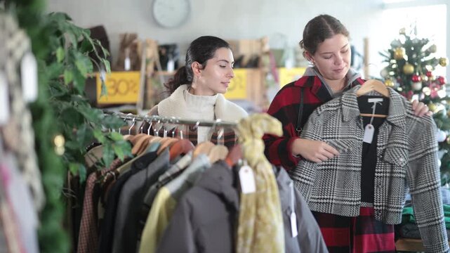 Two women stand in a store and choose outerwear, among jackets, coats and windbreakers against the background of a Christmas tree. Female friends buy stylish clothes on New Year sale. High quality 4k