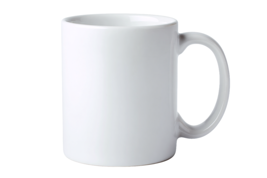 White ceramic mug isolated on transparent background with a handle