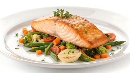 Perfectly pan seared salmon fillet served atop a vibrant medley of fresh steamed vegetables