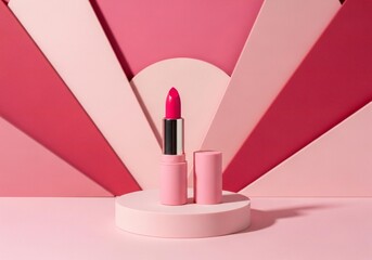Vibrant pink lipstick standing tall on a minimalist pedestal against a striking geometric backdrop