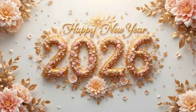 Floral Elegant Theme "Happy New Year 2026 with golden floral ornaments, soft pastel background, elegant premium aesthetic"