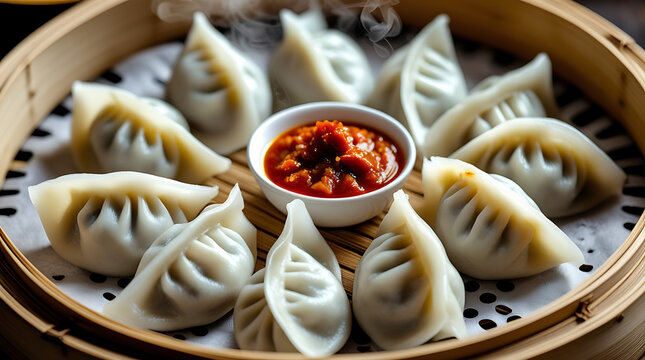 Steamed Momo Dumplings in Bamboo Steamer with Spicy Red Chutney
