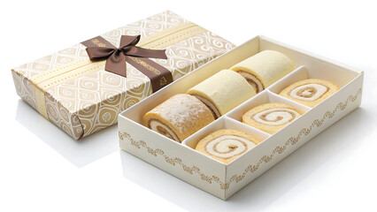 Elegant gift box filled with delicious swiss roll cakes decorated with powdered sugar