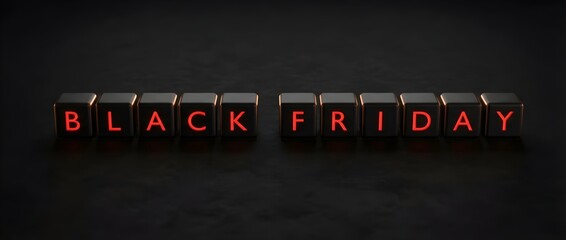 Black Friday text made of glowing red letters on dark 3D cubes, minimalist sale banner with copy space for discount promotion or marketing campaign.