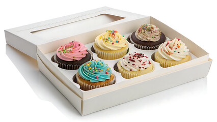 Assortment of six deliciously decorated cupcakes presented in a white cardboard bakery box