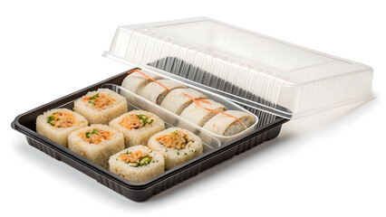 Delicious sushi rolls packaged in a clear plastic takeout container ready for enjoyment