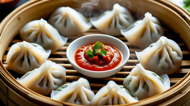 Steamed Momo Dumplings in Bamboo Steamer with Spicy Red Chutney