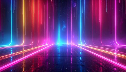 Vivid streaks of rainbow neon light arch and reflect on a glossy dark surface, creating a dazzling effect
